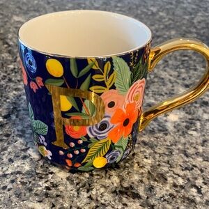 Anthropologie Blue Floral Mug with Gold Handle